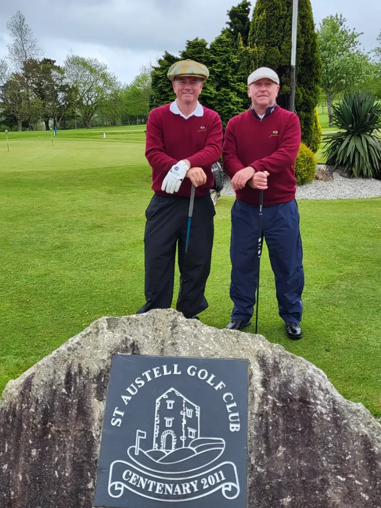 The SW Tour - JBGS Captain Barrie Thomas and Leighton Smith taking a photo opportunity in the match v St Austell GC.